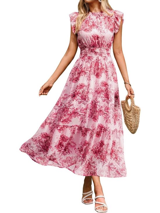 Dresses & Skirts - Women's Pink Red Short Sleeve Crew Neck A LINE Imported Casual Maxi Dress